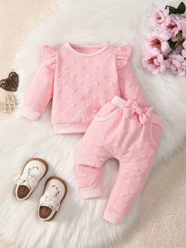 Ensemble naissance bébé fille 2 pièces – pull cœur et pantalon doux hiver