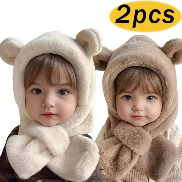 Lot de 2 bonnets et tour de cou bébé en peluche chaude – motif ourson hiver