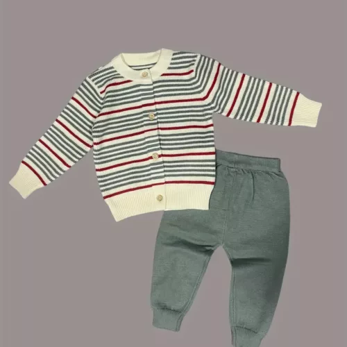 Ensemble naissance bébé fille – cardigan rayé polaire et pantalon chaud extérieur
