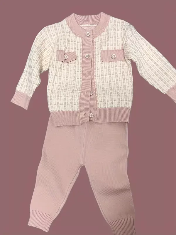 Ensemble naissance fille 3 pièces en tricot – veste, cardigan et pantalon doux
