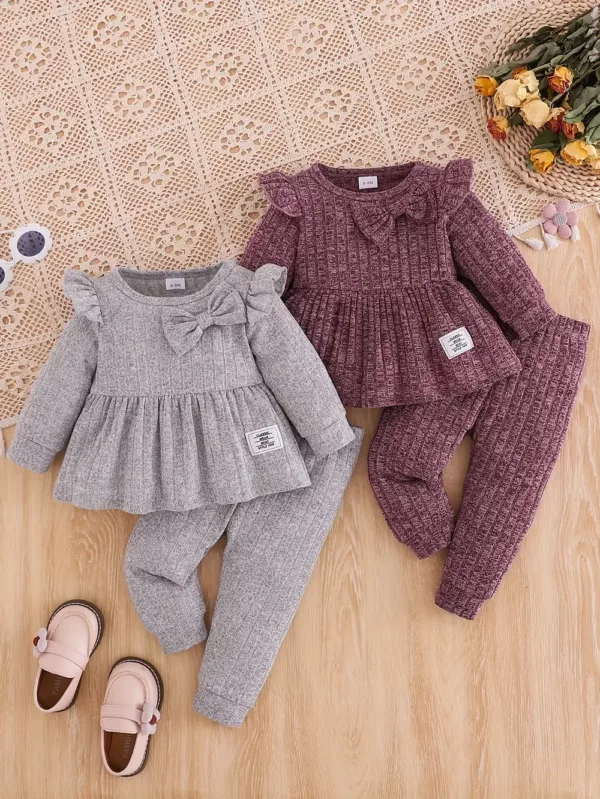 Ensemble naissance bébé fille 2 pièces – pull côtelé avec patch lettre + pantalon
