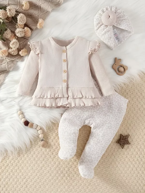 Ensemble naissance bébé fille 3 pièces – body à manches longues, pantalon et bonnet floral
