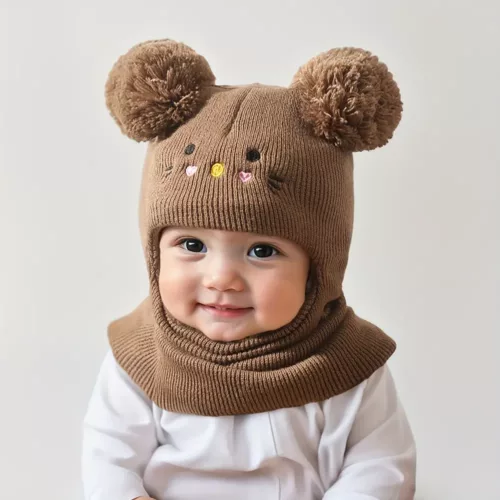 Bonnet enfant tricoté avec oreilles de chat et cache-cou assorti – 1 pièce