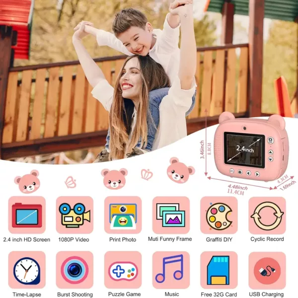 Appareil photo instantané enfant à impression thermique – double objectif et selfie