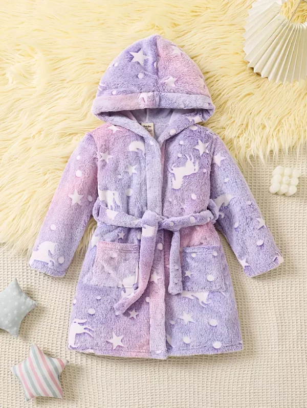 Robe de chambre enfant en flanelle douce avec capuche – effet phosphorescent