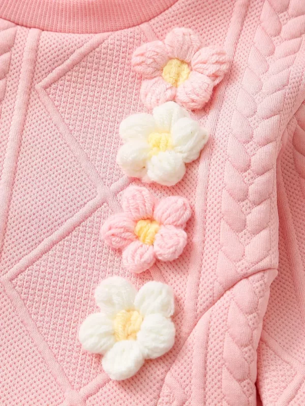 Ensemble naissance bébé fille 2 pièces – haut fleuri à pompons et pantalon doux