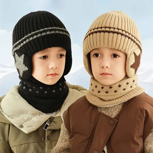 Ensemble bonnet et tour de cou enfant hiver – maille douce chaude mixte 4 pièces