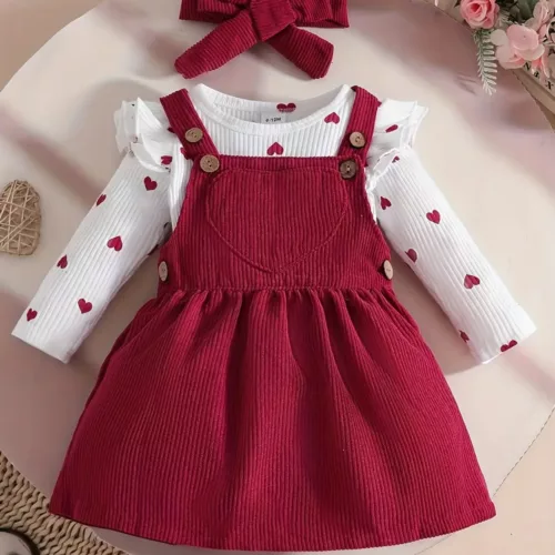 Tenue naissance bébé fille – haut à manches longues en velours côtelé avec cœur imprimé