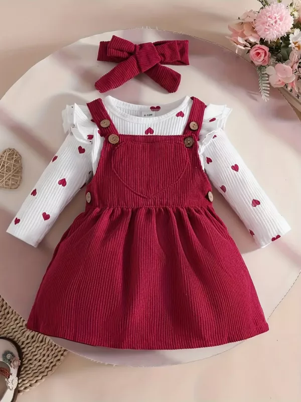 Tenue naissance bébé fille – haut à manches longues en velours côtelé avec cœur imprimé