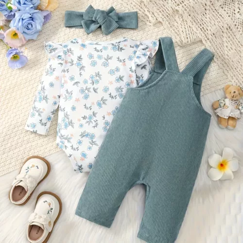 Ensemble naissance 3 pièces bébé fille – flanelle florale avec volants et nœud