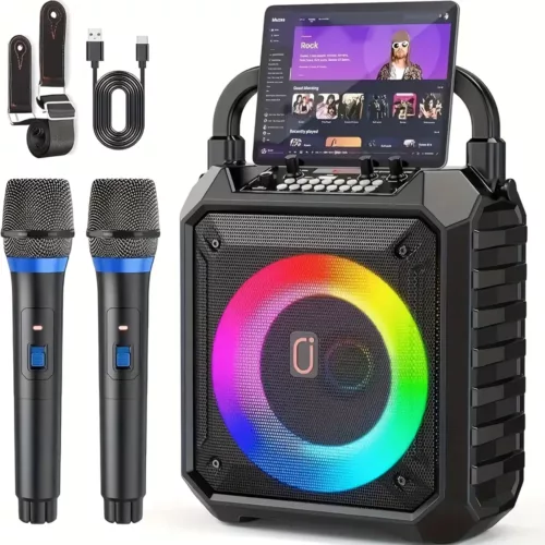 Enceinte karaoké sans fil avec 2 micros – système tout-en-un portable rechargeable