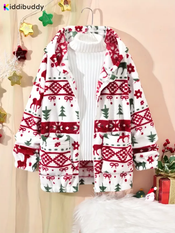 Cardigan de Noël enfant à capuche – maille douce motif renne festif