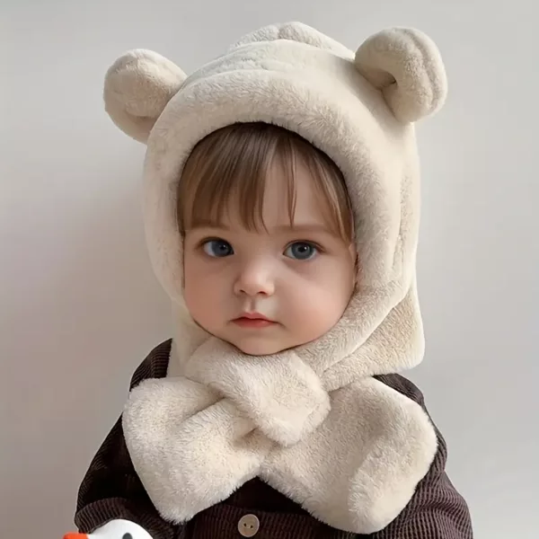 Lot de 2 bonnets et tour de cou bébé en peluche chaude – motif ourson hiver