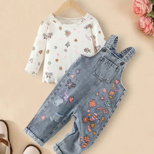 Ensemble bébé fille 2 pièces – haut floral manches longues et salopette en jean