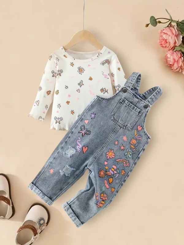 Ensemble bébé fille 2 pièces – haut floral manches longues et salopette en jean