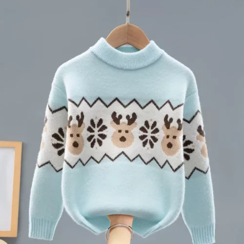 Pull de Noël enfant col rond avec motif renne et flocons en maille douce