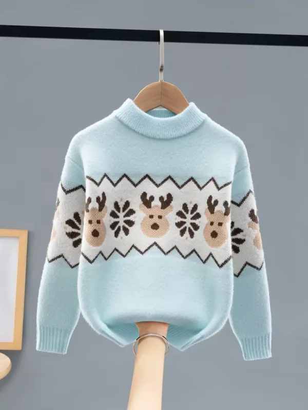Pull de Noël enfant col rond avec motif renne et flocons en maille douce