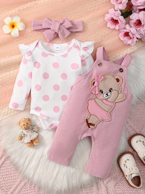 Ensemble naissance 3 pièces bébé fille – body, pantalon et bonnet assortis