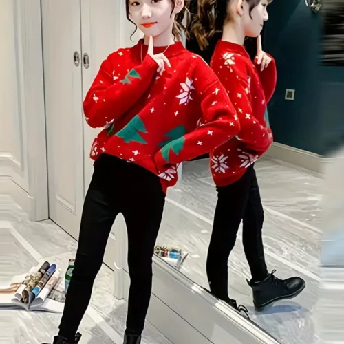 Pull de Noël enfant fille – motif renne en maille chaude style décontracté