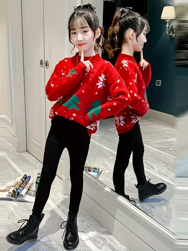 Pull de Noël enfant fille – motif renne en maille chaude style décontracté